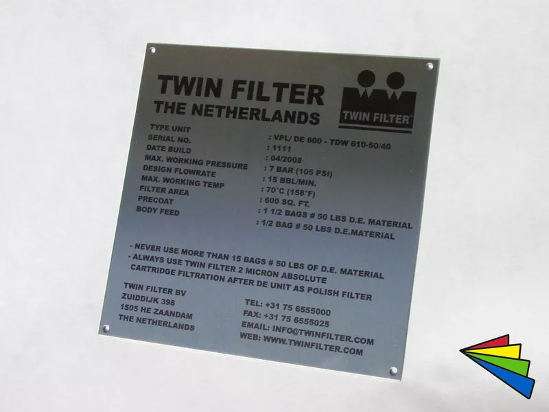 Typeplaat voor filterinstallatie in de voedingsindustrie
